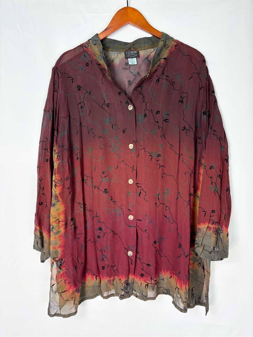 Citron Rayon Floral Blouse Button Up Santa Monica Size 1X Red Green Velvet